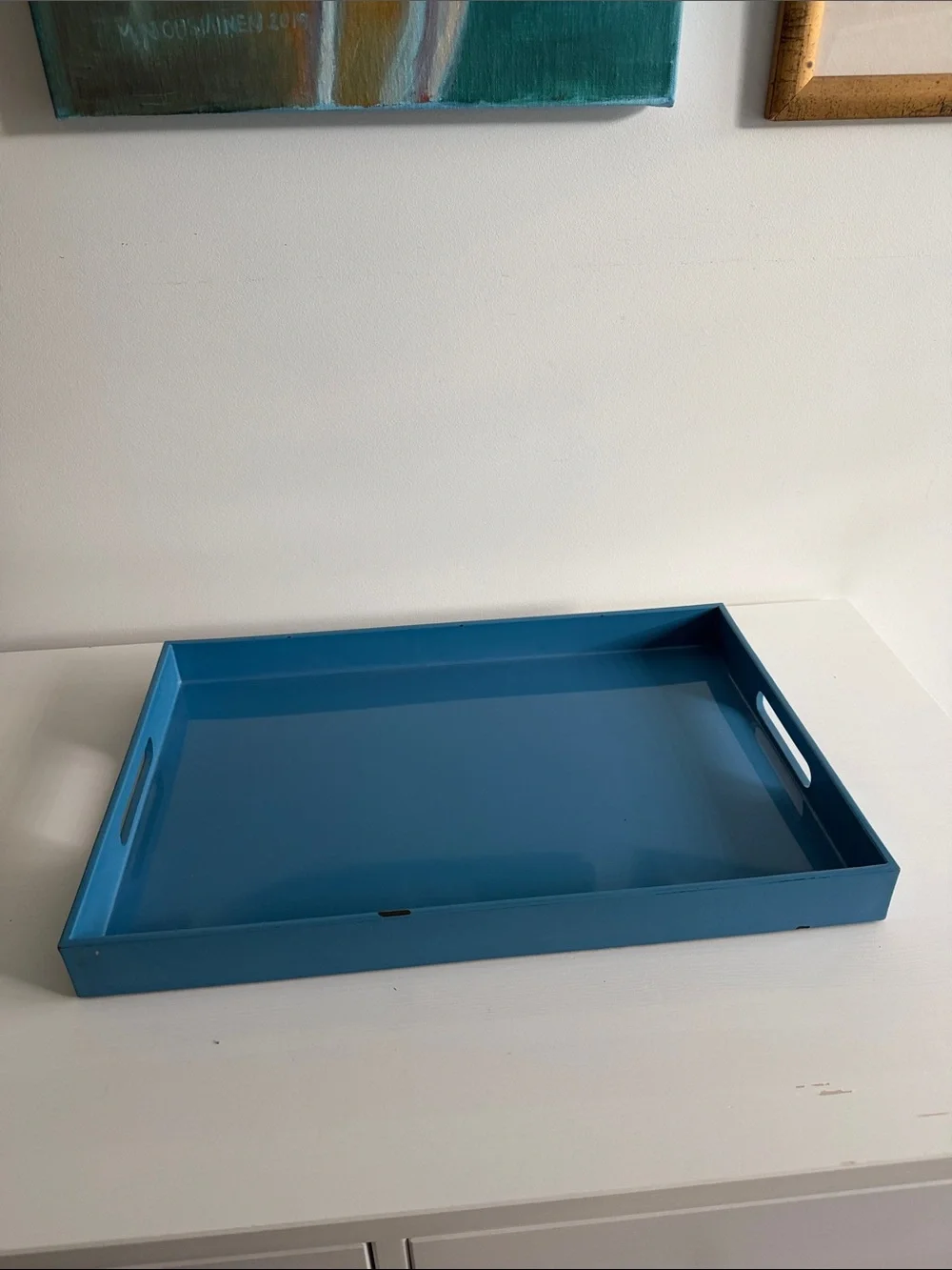 Pottery Barn Blue Lacquer Decorative Coffee Table Ottoman Rectangular Tray